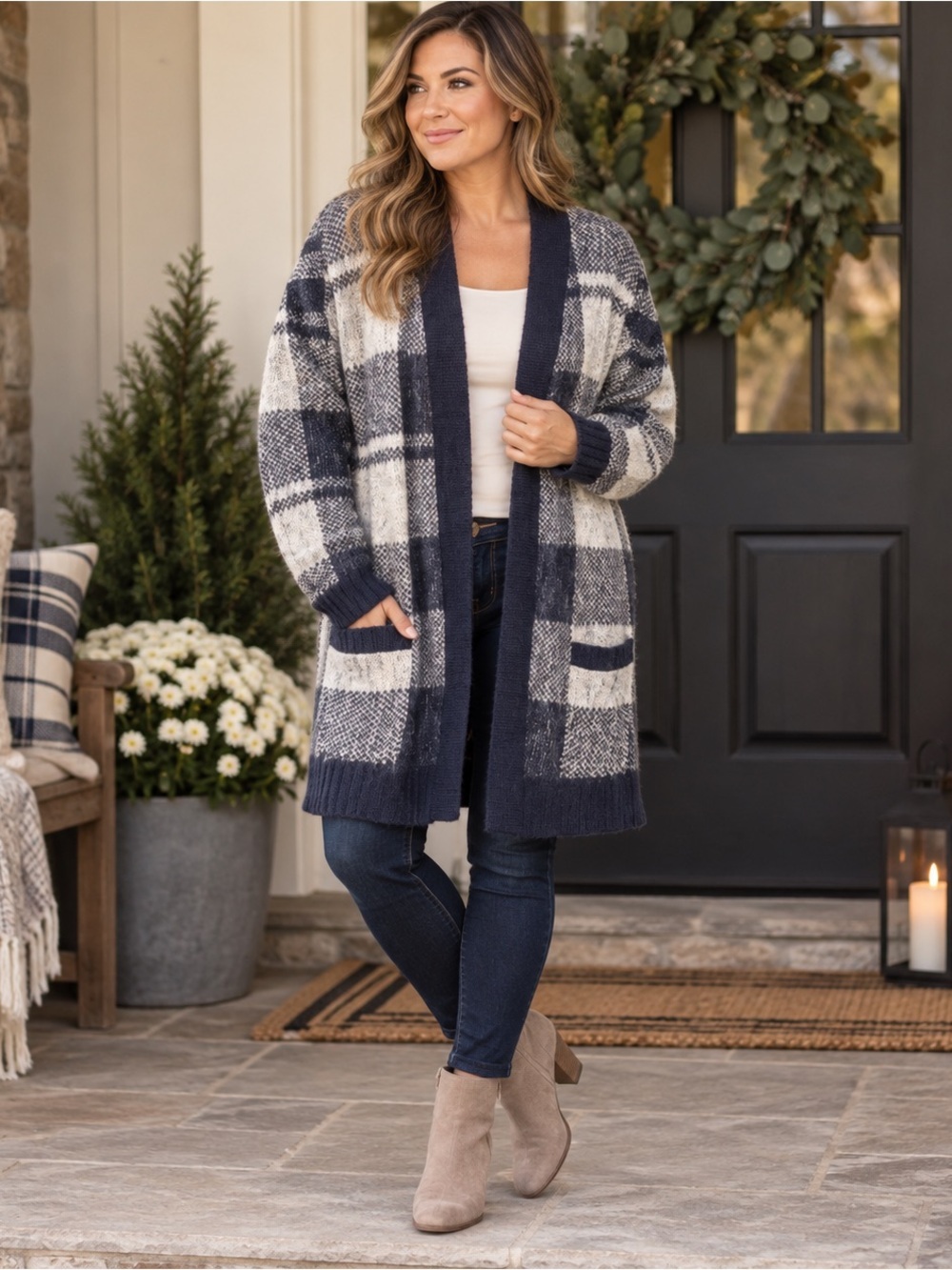 Love By Design NWT Plaid Long Open Front Cardigan Navy Ivory Size Large